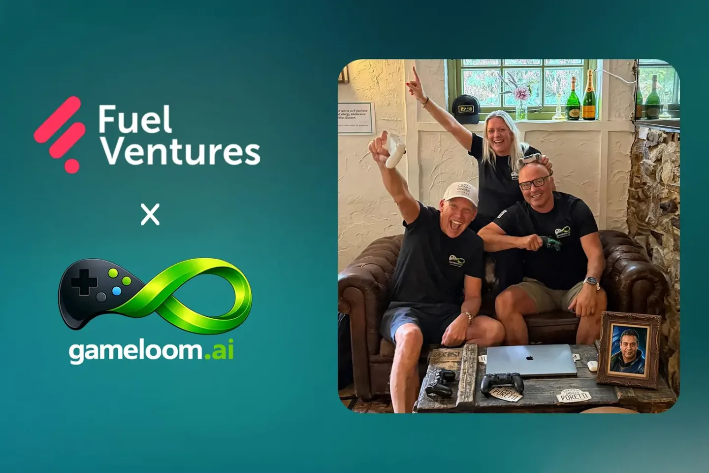 Fuel Ventures and Gameloom logos beside the Gameloom team celebrating the investment.
